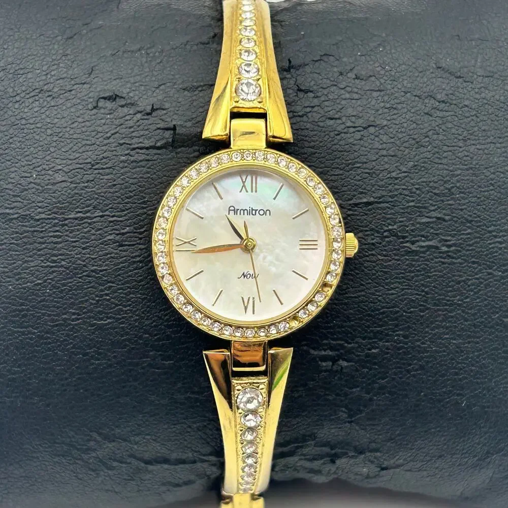 Armitron Now Gold Tone Crystal Bezel Mother Pearl Women’s Watch New Battery